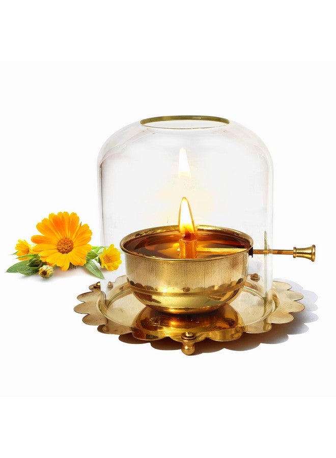 Pure Source India 100% Pure Brass Akhand Jyot Diya with Adjustable Bati Knob, Wick Lifting Screw Lever & Borosilicate Glass Cover (5.5inch, 250 ml Oil Capacity, Stay Lit for 48 Hours, Wick Included) - Image 1
