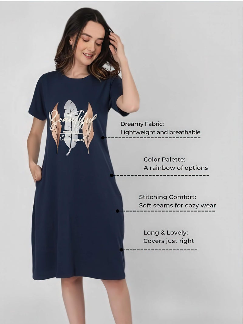 Duchess Cotton Printed Knee Length Nighty for Women, Blue, Large - Image 4