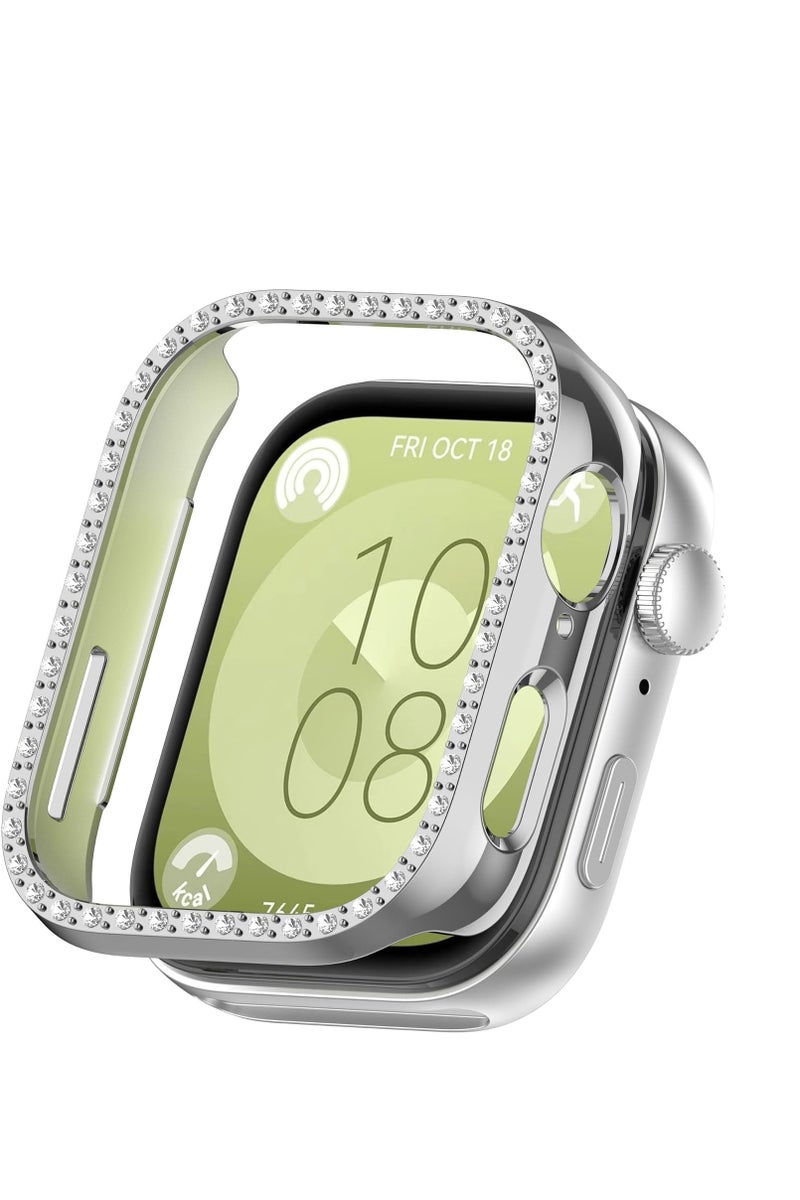 Bling Case Without screen protector for Huawei Watch Fit 3, Hard PC Frame Case, Crystal Diamonds Bumper Cover for Women Girls, Slim Protective Cover for Huawei Watch Fit 3 (Silver) - Image 1