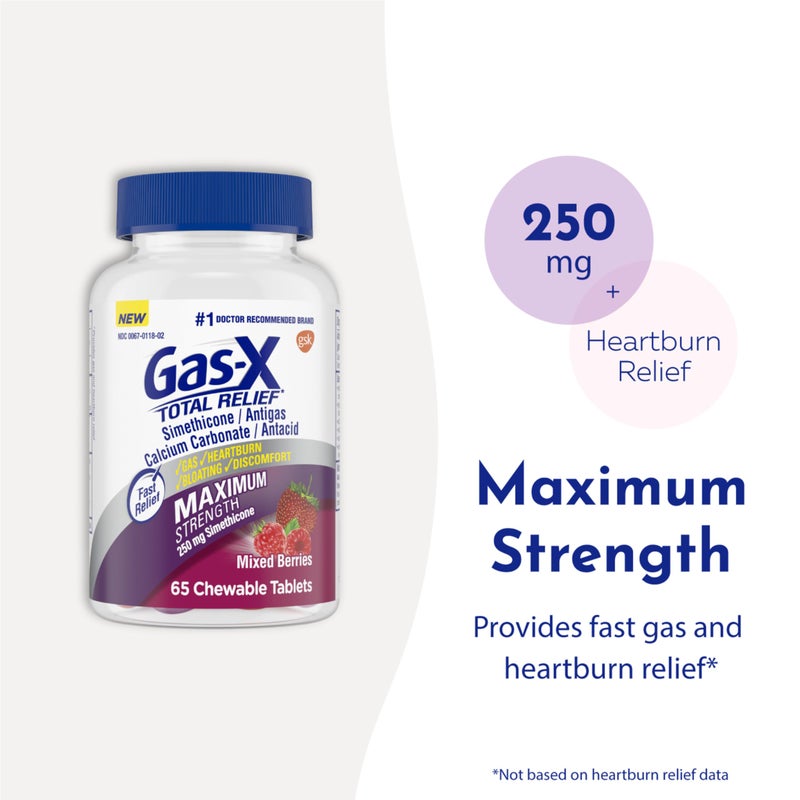 Gas-X Total Relief Chewable Tablets with Maximum Strength Gas Relief Simethicone 250 mg and Heartburn Relief Calcium Carbonate 750 mg, Bloating Relief, Mixed Berries - 65 Count - Image 2