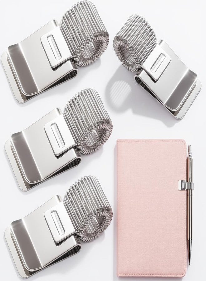 Foyods 4 Pcs Silver Metal Pen Holder Clips for Notebook - Sliver Single Spring Loop Pens Organizer - Stainless Steel Pen Loop Holder & Pens Holder Clip for Clipboard, Journals, Calendars & Office Desk - Image 1