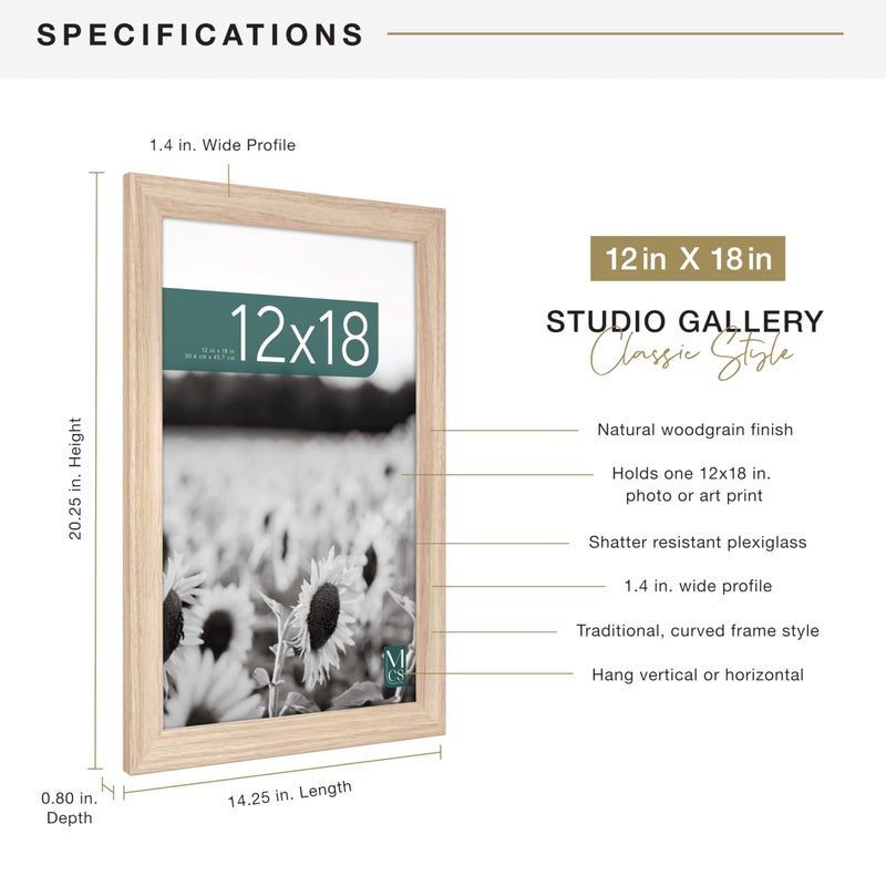 MCS Studio Gallery Classic 12x18 Picture Frame Natural Woodgrain Engineered Wood, Vertical & Horizontal Wall Hanging Large Picture Frame for Photos, Posters & Art Prints (1-Pack) - Image 4
