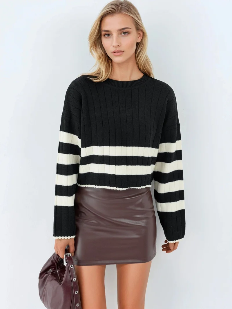 MY FASHION Striped Ribbed Knit Sweater with Crew Neck