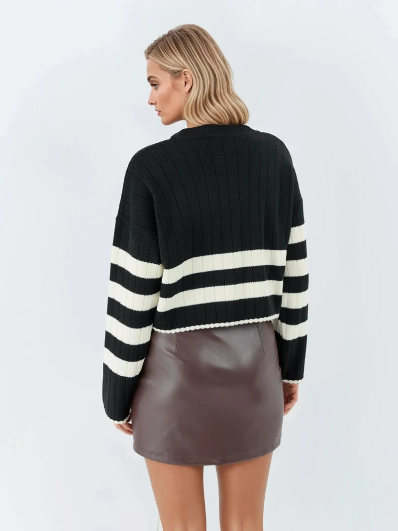 MY FASHION Black MY FASHION Striped Ribbed Knit Sweater with Crew Neck for Women | Best Price UAE