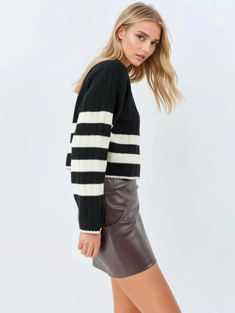 MY FASHION Black MY FASHION Striped Ribbed Knit Sweater with Crew Neck for Women | Best Price UAE