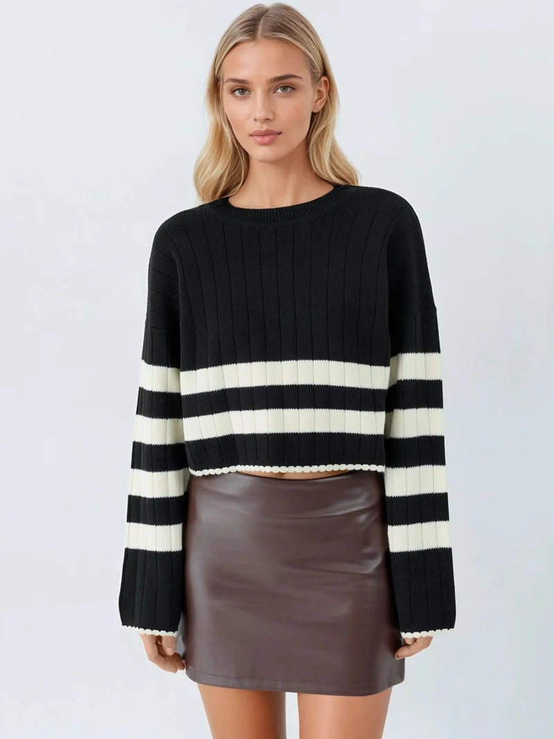 MY FASHION Black MY FASHION Striped Ribbed Knit Sweater with Crew Neck for Women | Best Price UAE