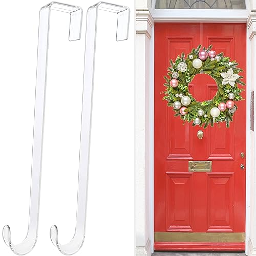 GREAZONE Wreath Hangers for Front Door,12" Clear Wreath Door Hanger,2 Pack Wreath Hanger Non Scratch Over The Door Hooks Easter Christmas Decorations Indoor Outdoor,Welcome Sign for Front Door Decor - Image 1
