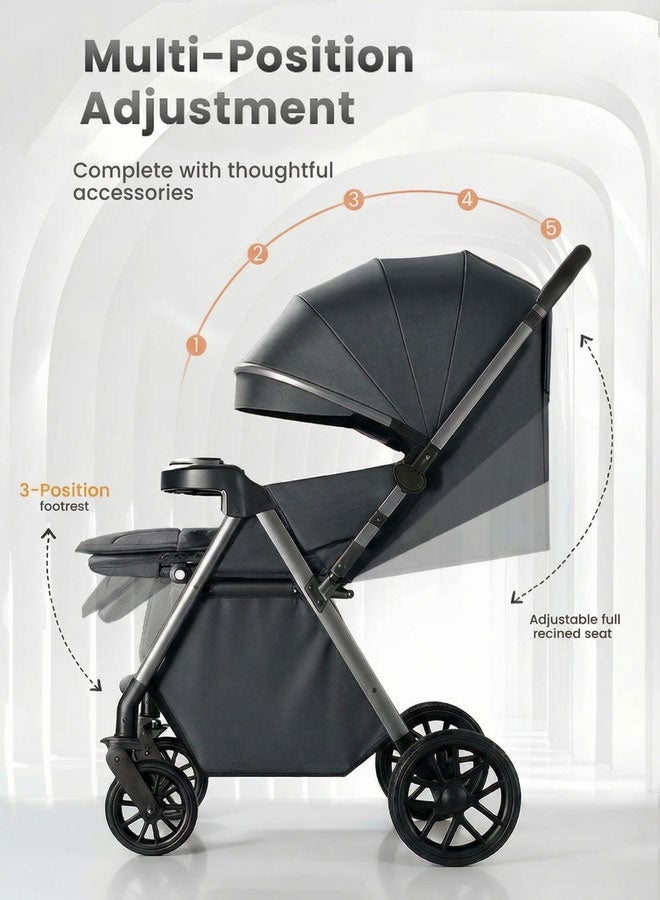 الأورلار عربة أطفال فاخرة عالية الرؤية باتجاهين – مقبض قابل للعكس، طي بلمسة واحدة، سلة نوم قابلة للغسل، مظلة شمس UPF 50+، ناموسية، صينية طعام، حامل أكواب، خفيفة ومضغوطة، تتحمل حتى 60 كجم – رمادي - Image 2