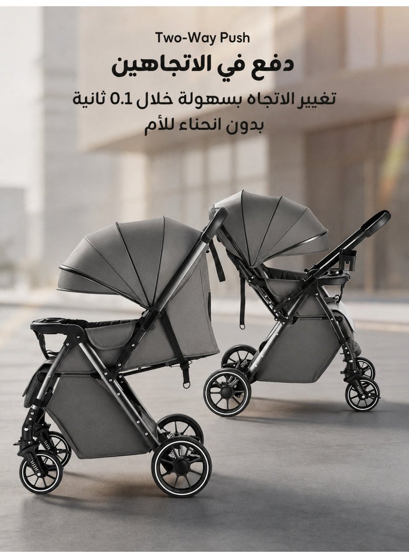 Aurlar Luxury Baby Stroller for Newborn & Toddler – High Seat Two-Way Travel Stroller, Reversible Handle, One-Hand Fold, Shock Absorbing Wheels, Large Canopy, 5-Point Safety Harness, Compact & Lightweight, Grey - Image 3