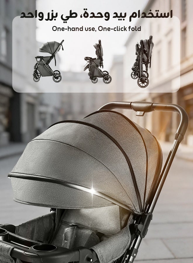 Aurlar Luxury Baby Stroller for Newborn & Toddler – High Seat Two-Way Travel Stroller, Reversible Handle, One-Hand Fold, Shock Absorbing Wheels, Large Canopy, 5-Point Safety Harness, Compact & Lightweight, Grey - Image 5