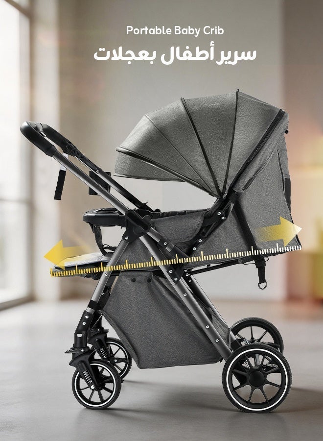 Aurlar Luxury Baby Stroller for Newborn & Toddler – High Seat Two-Way Travel Stroller, Reversible Handle, One-Hand Fold, Shock Absorbing Wheels, Large Canopy, 5-Point Safety Harness, Compact & Lightweight, Grey - Image 4