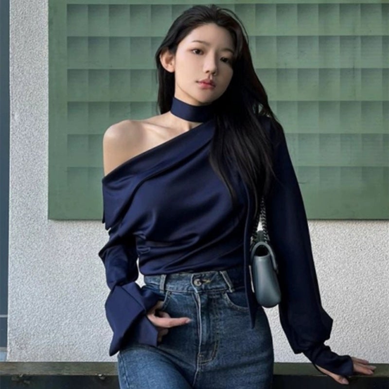 South Korea Dongdaemun High-End Temperament T-Shirt Women'S Design Irregular Hanging Neck Open Shoulder Ribbon Long Sleeve Shirt - Image 3