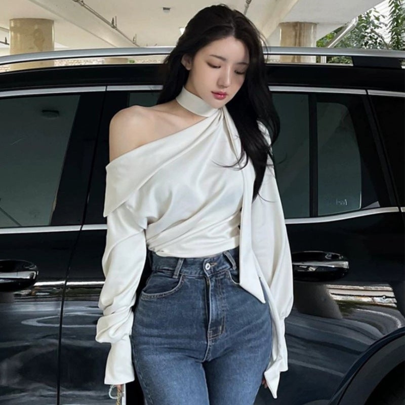 South Korea Dongdaemun High-End Temperament T-Shirt Women'S Design Irregular Hanging Neck Open Shoulder Ribbon Long Sleeve Shirt - Image 2