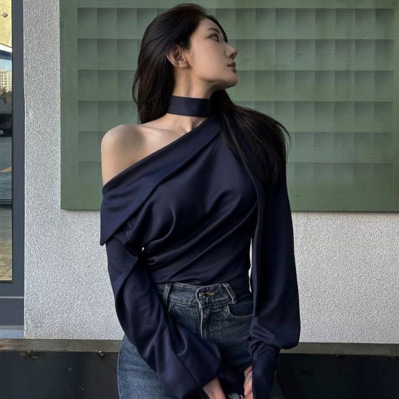 South Korea Dongdaemun High-End Temperament T-Shirt Women'S Design Irregular Hanging Neck Open Shoulder Ribbon Long Sleeve Shirt - Image 1