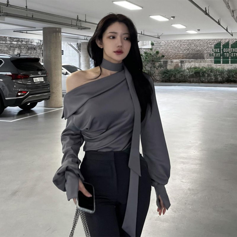 South Korea Dongdaemun High-End Temperament T-Shirt Women'S Design Irregular Hanging Neck Open Shoulder Ribbon Long Sleeve Shirt - Image 4