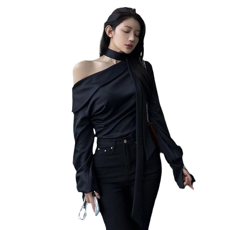 South Korea Dongdaemun High-End Temperament T-Shirt Women'S Design Irregular Hanging Neck Open Shoulder Ribbon Long Sleeve Shirt - Image 5