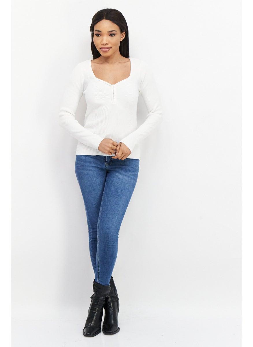 Women V Neck Long Sleeve Ribbed Top, Off White - pzsku/Z009FA333511F39B3F1B2Z/45/_/1726109317/135280d2-5eb7-4fd4-8906-bfccc9f45968