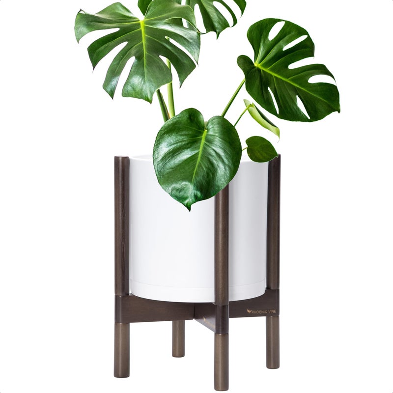 Dvine Dev Planter Pot with Stand 10 Inch Plastic Cylinder Flower Pot with Wood Planter Holder for Indoor Matte White Pot Walnut Color Stand 55CL1