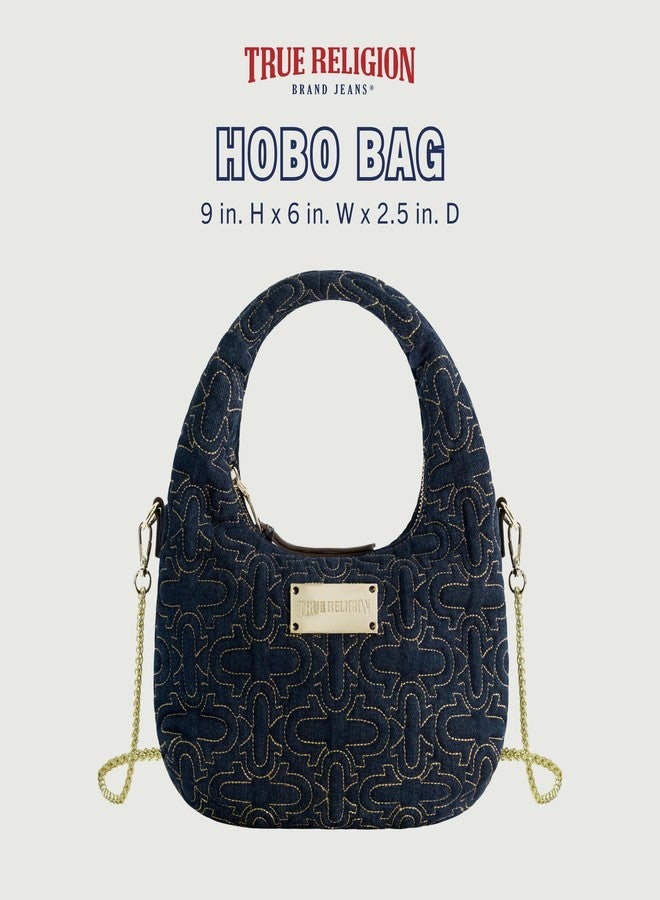 True Religion Hobo Bag, Women's Quilted Denim Handbag with Adjustable Shoulder Strap, Black - Image 2