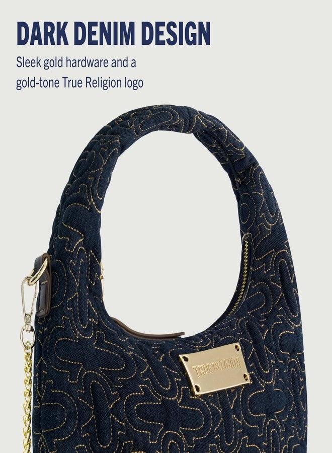 True Religion Hobo Bag, Women's Quilted Denim Handbag with Adjustable Shoulder Strap, Black - Image 3