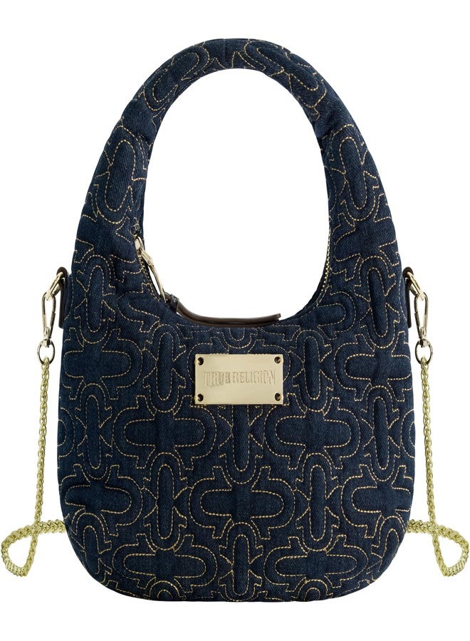 True Religion Hobo Bag, Women's Quilted Denim Handbag with Adjustable Shoulder Strap, Black - Image 1