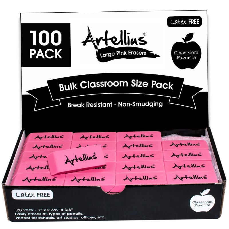 Artellius Pink Erasers | Latex & Smudge Free | Bulk School Supplies | Classrooms, Teachers, Homeschool, Office, Art Class | Large Size (Pack of 100) - Image 1
