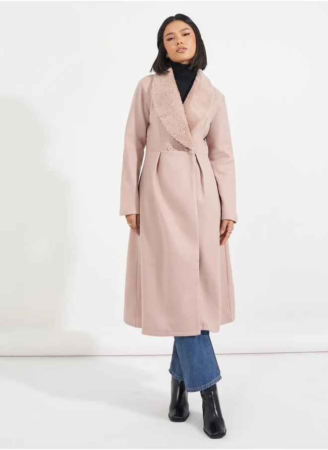 Styli Regular Fit Midi Wool Like Faux Fur Collar Coat