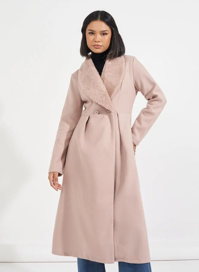 Styli Regular Fit Midi Wool Like Faux Fur Collar Coat