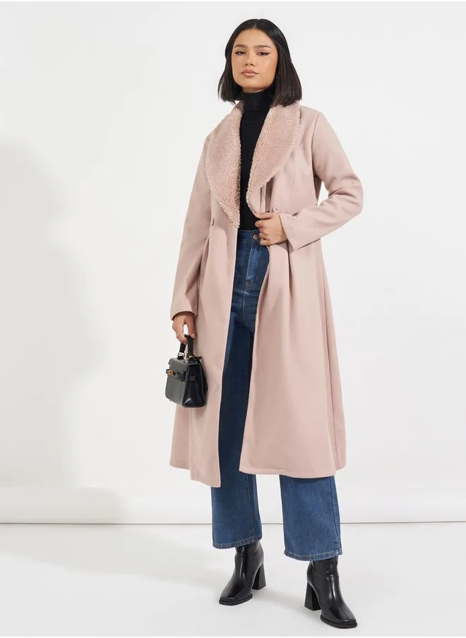 Styli Regular Fit Midi Wool Like Faux Fur Collar Coat