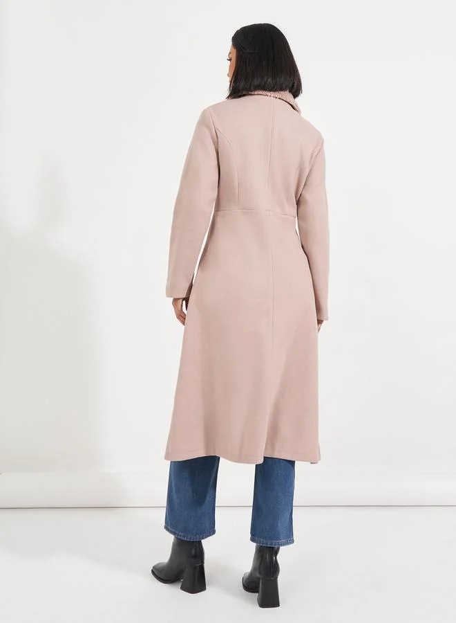 Styli Regular Fit Midi Wool Like Faux Fur Collar Coat