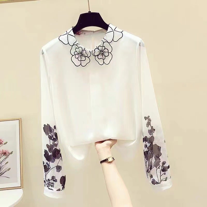 2023 Spring and Autumn New Hong Kong Style Retro Print Contrast Color Long Sleeve Chiffon Shirt Womens Design Niche Top White