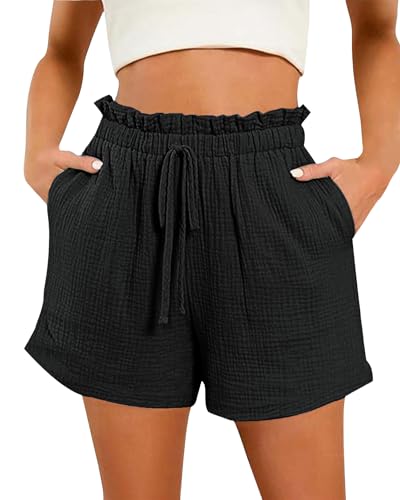 Bsubseach Shorts for Women Cotton Wide Leg Drawstring Shorts with Pocket Summer Casual Ruffle Womens Vacation Outfits 2025 Black M - Image 1