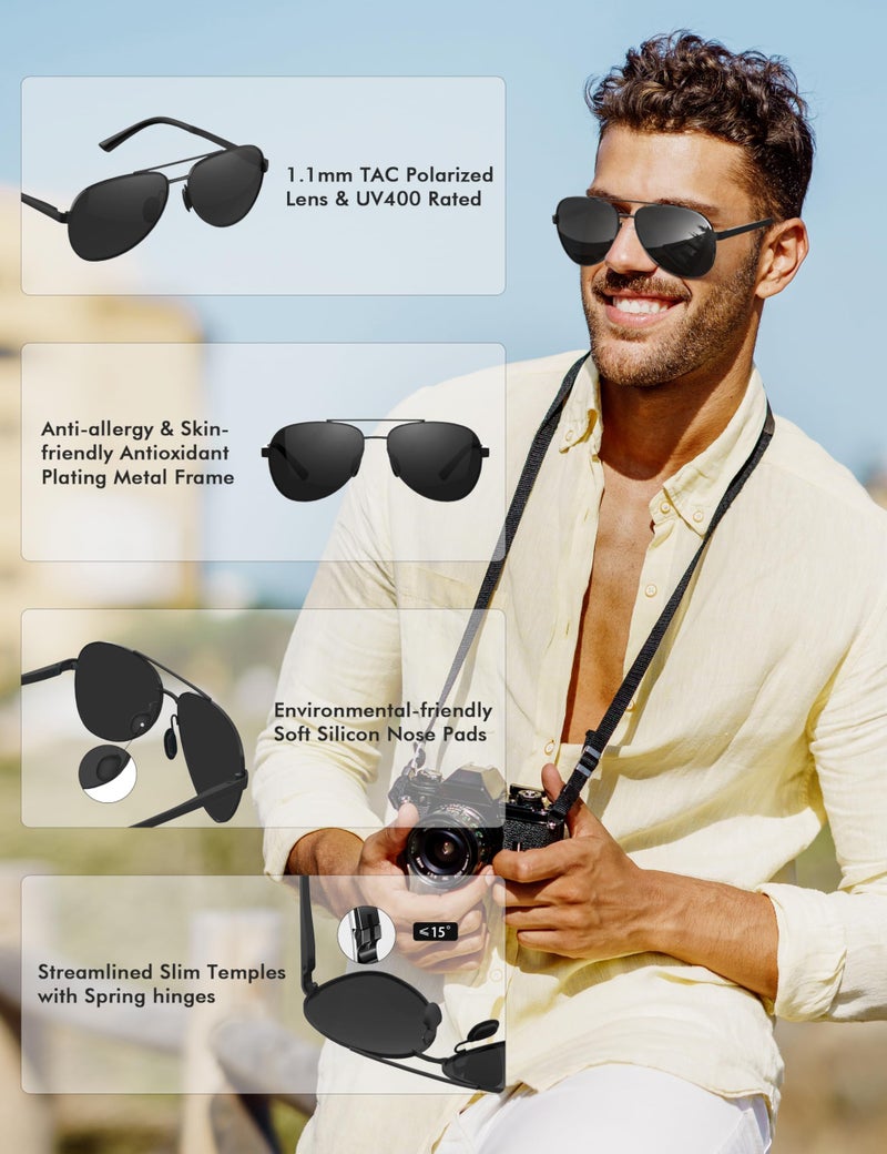 LUENX Aviator Sunglasses for Men Women Polarized-Stylish Shades Non Mirror UV400 Protection Driving Outdoor Activities 59 MM(All Black) - Image 4