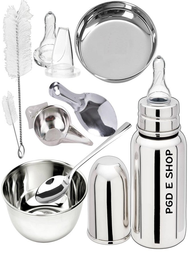 PGD New Born Baby Essential Steel Feeding Utensils Gift Set- Feeding Bottle, Feeder, Bowl, Plate, Idly Spoon, Spoon, Cleaning Brush Set, Sipper and Nipple (150ml Essential Utensils Gift Set) - Image 1