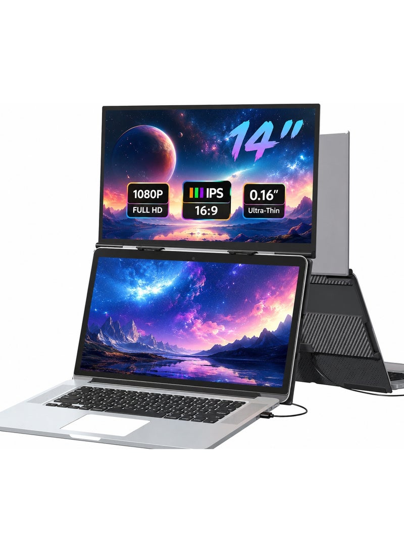 ڤي2كوم شاشة توسيع للابتوب 14 بوصة بتصميم علوي، شاشة محمولة فائقة النحافة FHD 1080P IPS مع مشبك تثبيت، توصيل USB-C وHDMI Plug & Play، مناسبة لأجهزة اللابتوب من 13 إلى 17.3 بوصة - Image 1