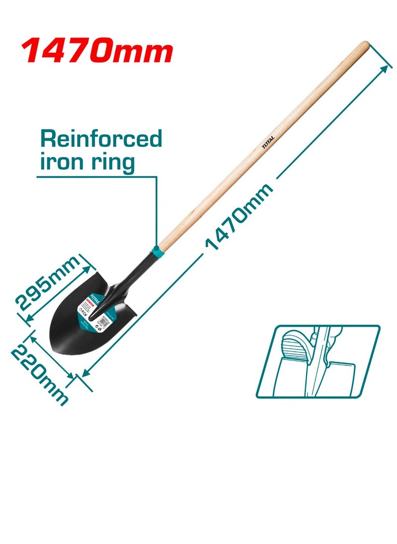 TOTAL TOTAL Steel Shovel with Wooden Handle – 1470mm Long, Carbon Steel Head (220mm Width, 295mm Length), 1kg Weight – Durable and Lightweight Garden Tool for Digging and Landscaping  - Image 1