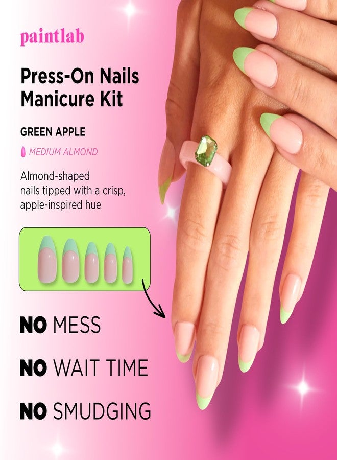 PaintLab Press-On Nails Manicure Kit, Green Apple Almond, 24-Piece Set, Long-Lasting Fake Nails with Glue, File, Prep Pad & Cuticle Stick - Image 2