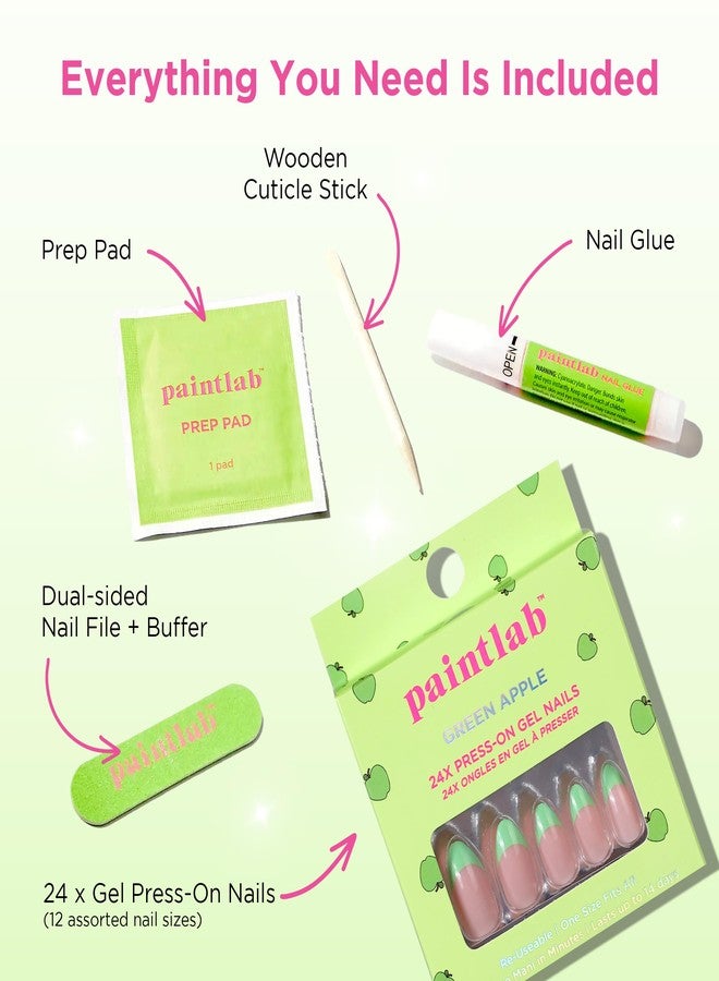 PaintLab Press-On Nails Manicure Kit, Green Apple Almond, 24-Piece Set, Long-Lasting Fake Nails with Glue, File, Prep Pad & Cuticle Stick - Image 3