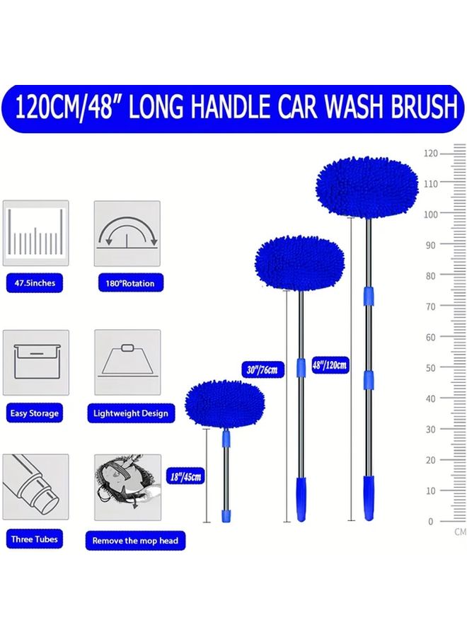 48 Inch Long Handle Car Wash Brush Blue 2in1 Chenille Microfiber Sponge Duster Kit for Car Truck SUV RV Trailer Boat - Image 4