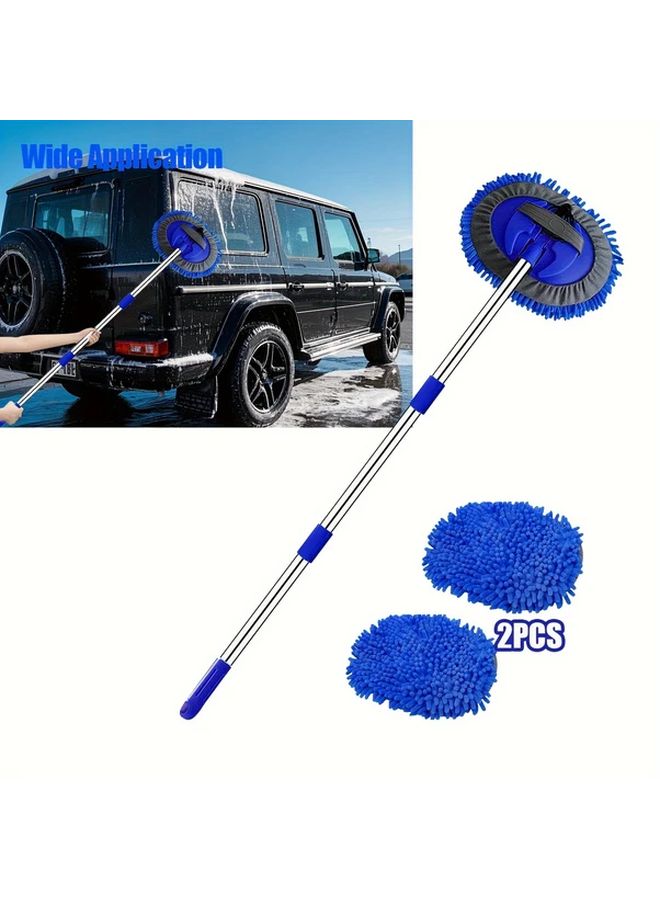 48 Inch Long Handle Car Wash Brush Blue 2in1 Chenille Microfiber Sponge Duster Kit for Car Truck SUV RV Trailer Boat - Image 1