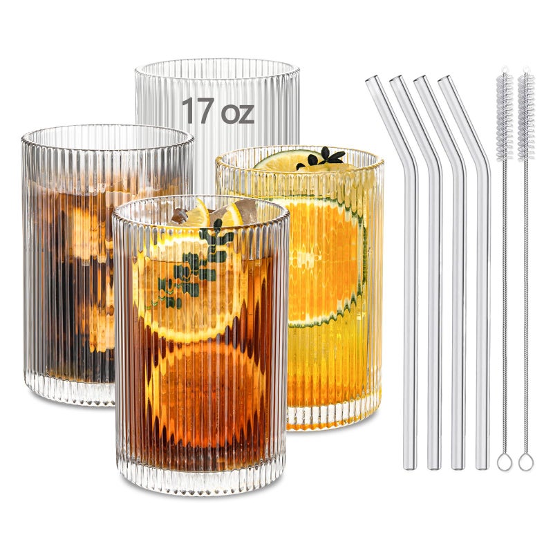 INSETLAN 17oz Ribbed Glassware Set of 4 Glass Cups Large Vintage Glassware Set Origami Style Cocktail Glasses Ideal for Beer Juice Water Ice Coffee Cup Whiskey