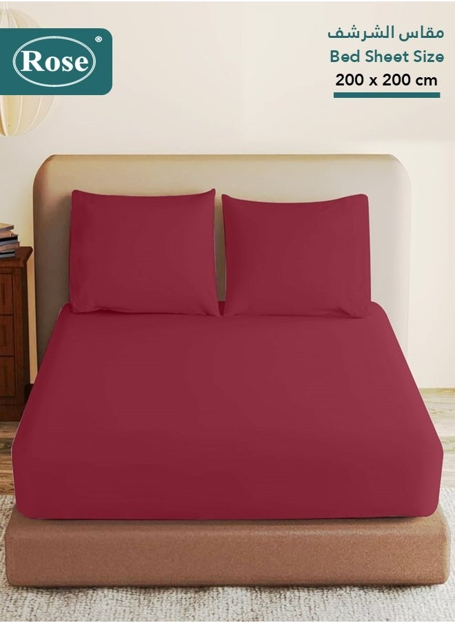Rose Rose Luxurious Plain Fitted Sheet with Deep Pockets and Pillow Cases, Bed Sheet 3-Pieces Set, Soft & Cozy Microfiber Breathable and Cooling, King Size 200x200+38 cm, Burgundy  - Image 1