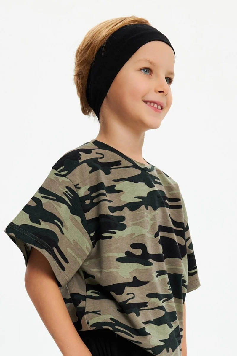 بيبيجيز Black-Camouflage Boy's Cotton Combed Oversize Camouflage T-Shirt Bandana Double Set