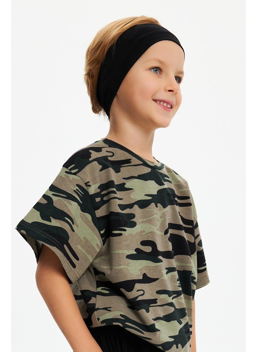 Babygiz Black-Camouflage Boy's Cotton Combed Oversize Camouflage T-Shirt Bandana Double Set  - Image 3