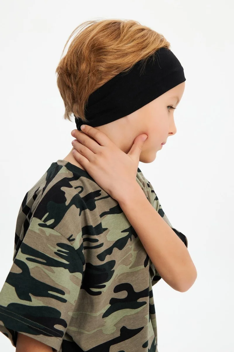 بيبيجيز Black-Camouflage Boy's Cotton Combed Oversize Camouflage T-Shirt Bandana Double Set