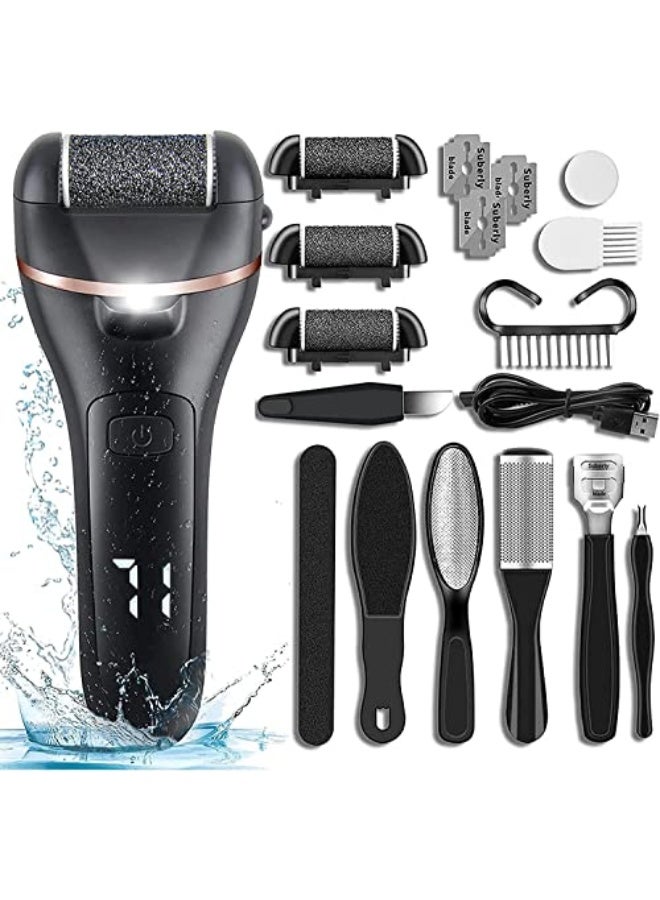 Electric Foot File Dead Skin Remover Rechargeable Nail File Professional Waterproof Foot Scraper 3 Roller Heads 2 Speeds Foot Care Kit (Black) - Image 1