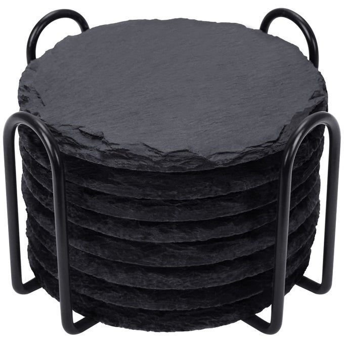 Slate Drink Coasters with Metal Holder Set of 8 Black Coasters 4 Inch Stone Coaster Set Coffee Table Decor Tabletop Protection for Home Office Kitchen Apartment Round