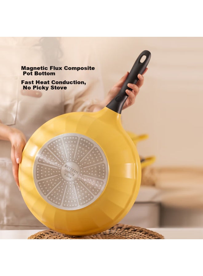 Buydeem 32cm Non-stick Wok, Frying Pan, Flat Bottom Pan, Stir-fry Pan, Light Oil-gathering, Small Yellow, Compatible With Induction And Gas Stoves - Image 2