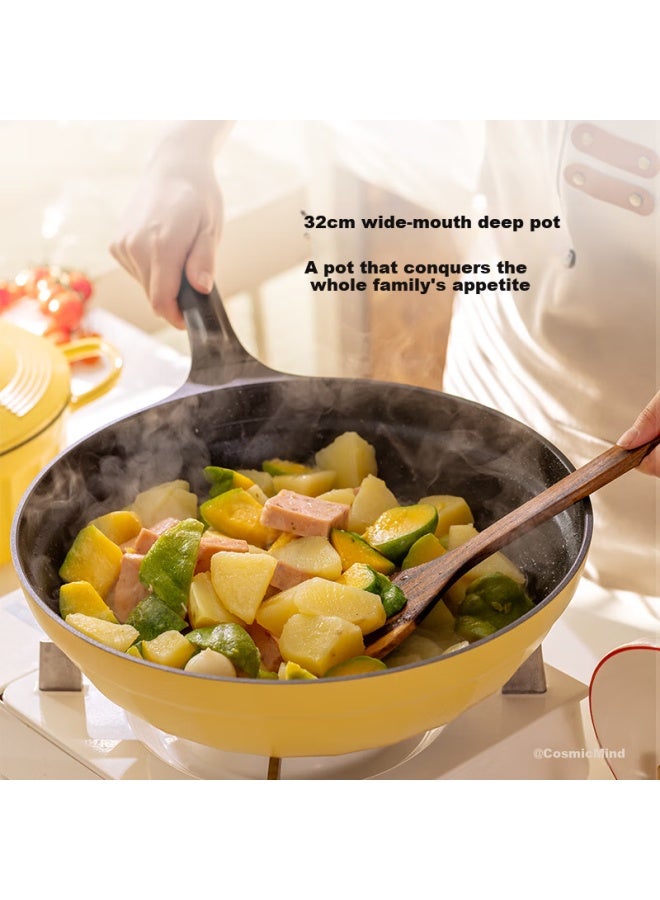 Buydeem 32cm Non-stick Wok, Frying Pan, Flat Bottom Pan, Stir-fry Pan, Light Oil-gathering, Small Yellow, Compatible With Induction And Gas Stoves - Image 1