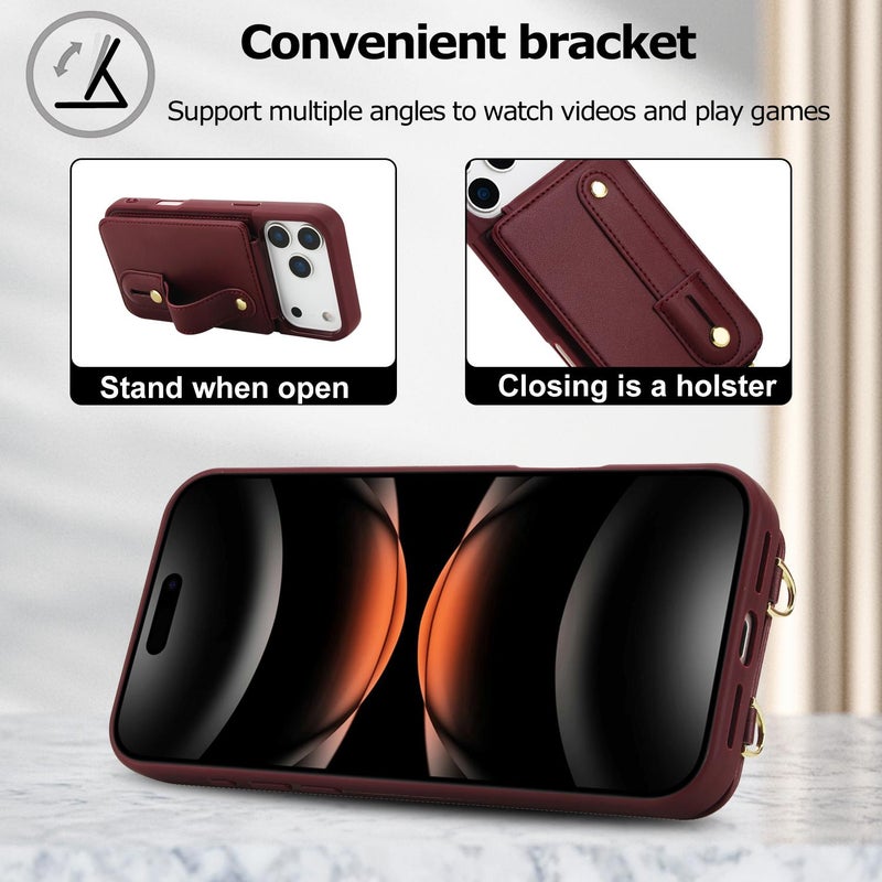 erorex For iPhone 17 Pro Max Wristband Vertical Flip Wallet Back Cover Phone Case with Long Lanyard(Wine Red) - Image 4